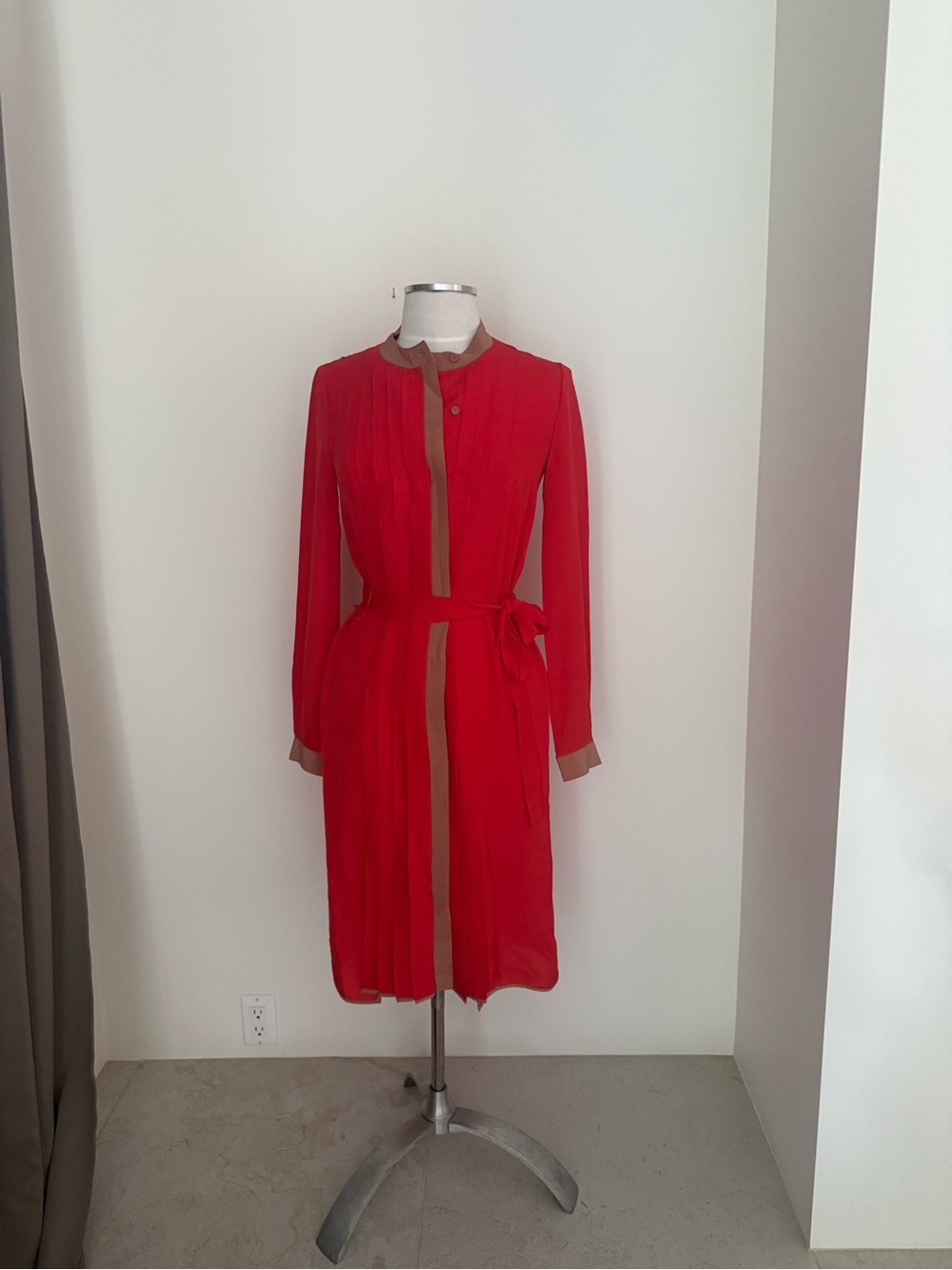BCBGMaxAzria Red Long-Sleeve Belted Shirt Dress with Tan Trim